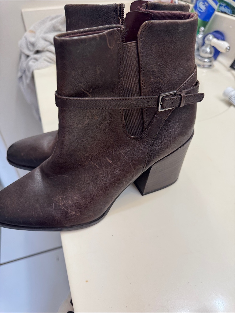 Franco Sarto Dark Brown Leather Buckle Ankle Boots